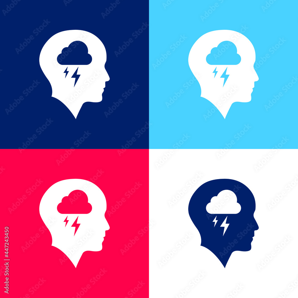 Bald Head With Cloud And Storm blue and red four color minimal icon set