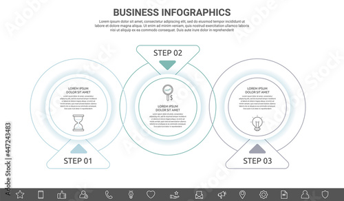 Minimal infographics with three line circles elements. Vector modern visualization of 3 step by step timeline concept with arrows. Template for diagram, business, web, banner, presentations, chart