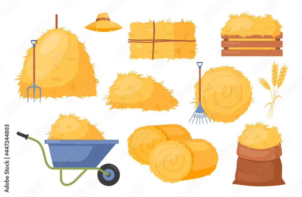 Bale of hay. Vector set of bale of hay icons with straw, wheat and rye ears, dried haystack, hayloft, roll pile, wheelbarrow, pitchfork, rake. Agricultural rural haycock. Rural farming illustration - obrazy, fototapety, plakaty 