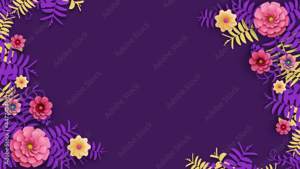 Flower Frame appearing composition. Leaves and flowers grow and bloom. Dynamic and bright pattern. 3D Render. Valentine Day, Mother Day animated template. Violet Abstract Spring, Summer 4K Animation Flower Frame appearing composition. Leaves and flowers grow and bloom. Dynamic and bright pattern. 3D Render. Valentine Day, Mother Day animated template. Violet Abstract Spring, Summer 4K Animation