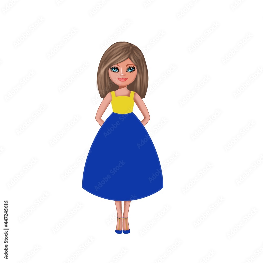Cartoon portrait of a free-standing little girl on a white background. Home economics lessons, hobbies, interests. Summer camp, holidays. Advertising, presentation, booklet, book cover, poster, card Cartoon portrait of a free-standing little girl on a white background. Home economics lessons, hobbies, interests. Summer camp, holidays. Advertising, presentation, booklet, book cover, poster, card