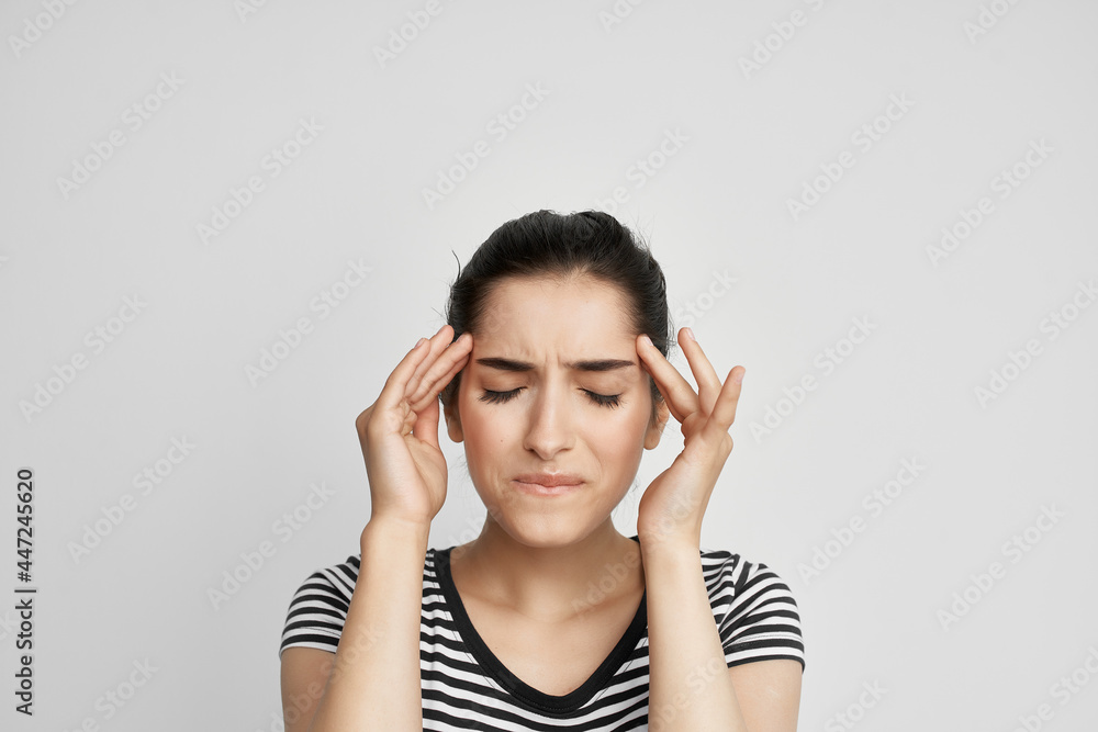 brunette with headache health problems medicine stress brunette with headache health problems medicine stress