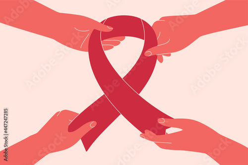 Breast cancer awareness month concept with four hands hold pink ribbon. Vector illustration of support and solidarity women oncological disease. Human arms surround big pink ribbon.