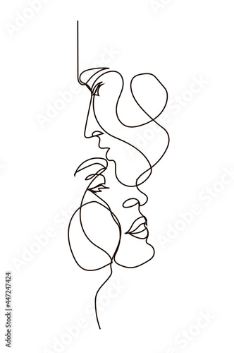 Couple in line style. Man kissed woman in had. One line hand drawing.