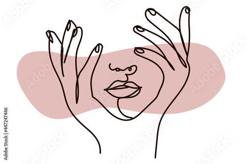 Depressed woman with hand on face, one line drawing style. Vector illustration concept. Female face on white isolated background.