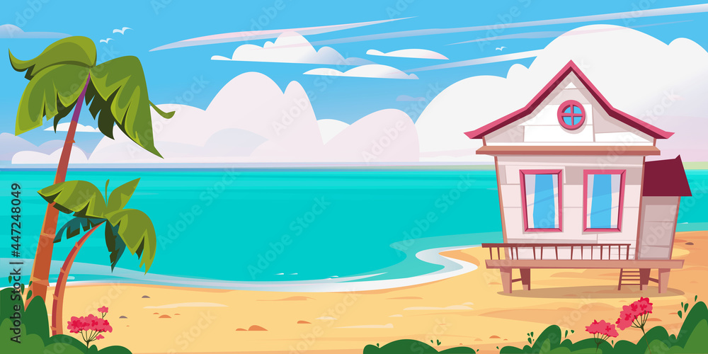 Beach and sea, beach white bungalow house and palm trees. Vector illustration of a hotel by the ocean. Rest on the islands against the background of the sky. Cartoon house