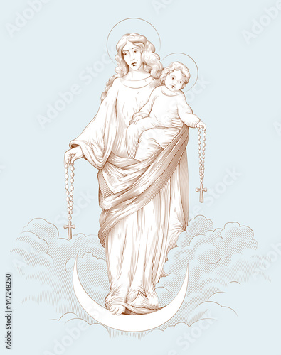 Madonna or Saint Virgin Mary holding baby Jesus Christ surrounded by clouds. Religious scene in heaven. Biblical illustrations in antique engraving style. Vector illustration.
