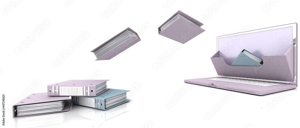 ARCHIVE .Laptop and folders for documents. 3d Render Illustration. ARCHIVE .Laptop and folders for documents. 3d Render Illustration.