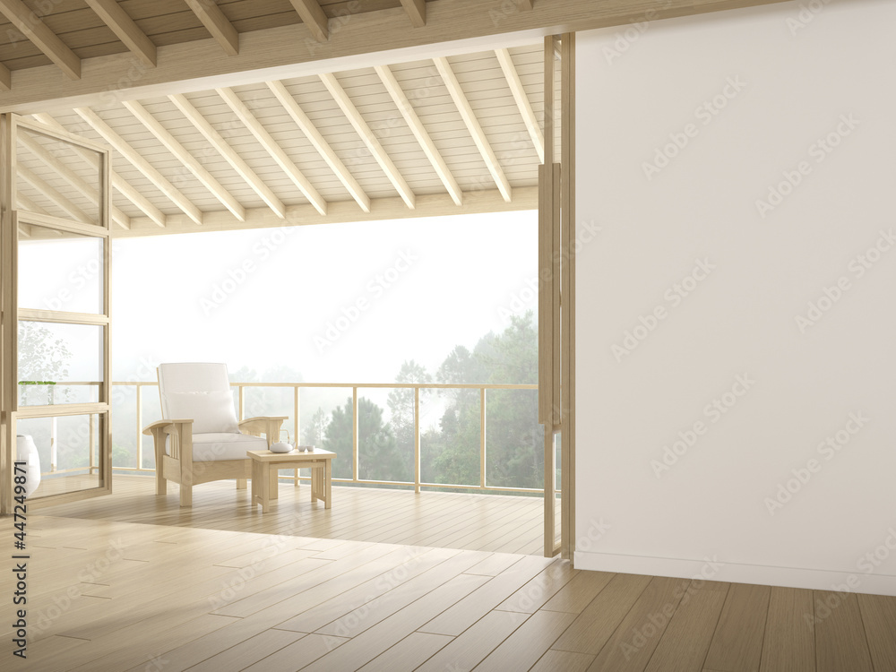 Fototapeta premium 3d rendering of modern luxury room with wooden chair on tree background, Large window and door.