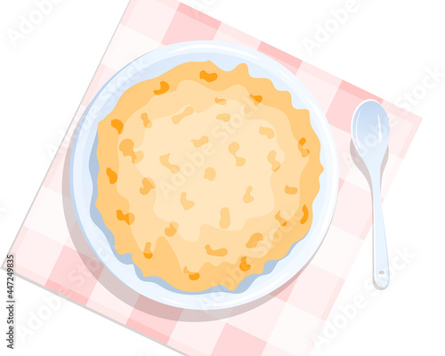 Bowl with oat porridge on a napkin, near spoon. Breakfast, healthy food, dieting concept. Isolated vector illustration for flyer, poster, banner.