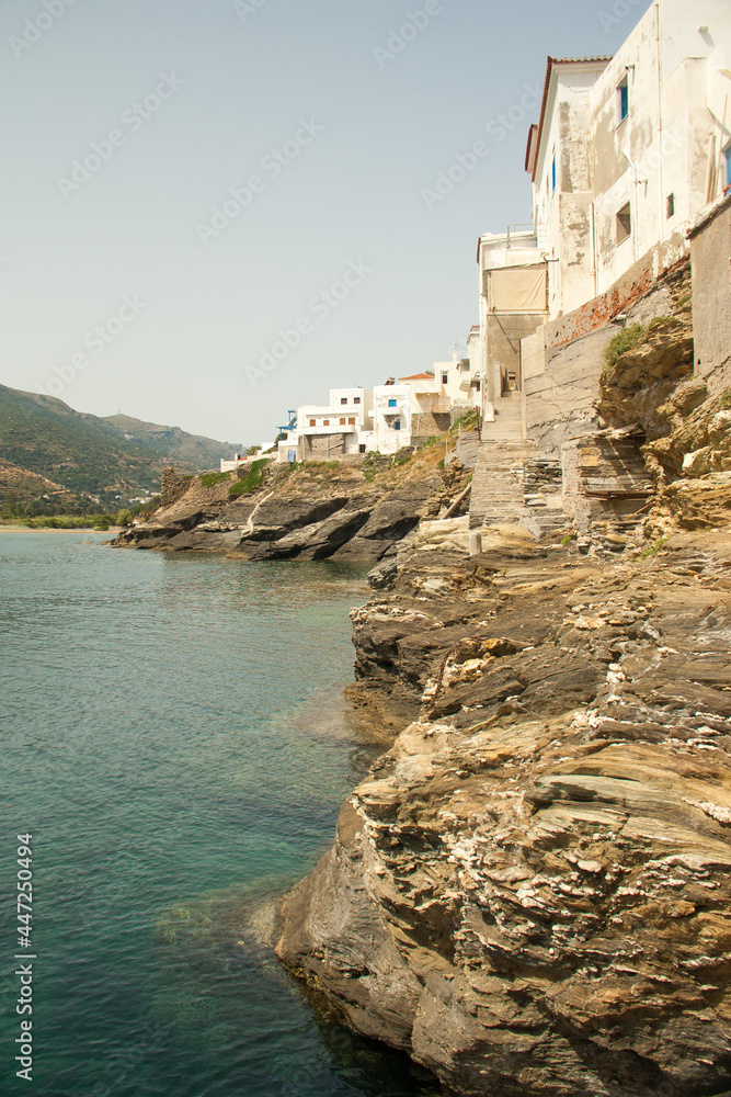 View of ancient city Andros (Chora), beautiful island Andros in the Cyclades, Greece, Europe