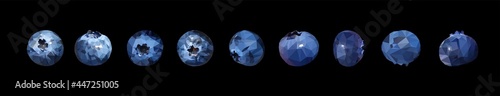 Vector set of Blueberries tasty and delicious isolated on black. Low poly triangular nine berries in a geometric style. 