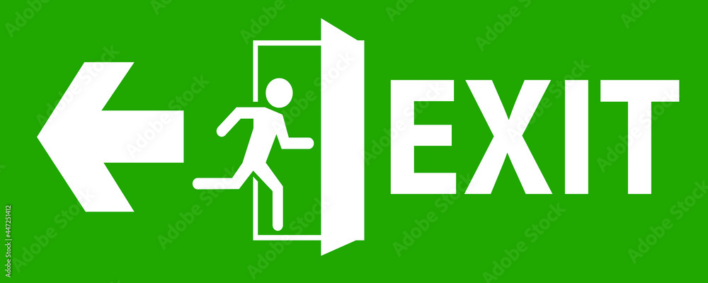 emergency fire exit sign with running man icon to door. warning sign plate emergency fire exit sign with running man icon to door. warning sign plate