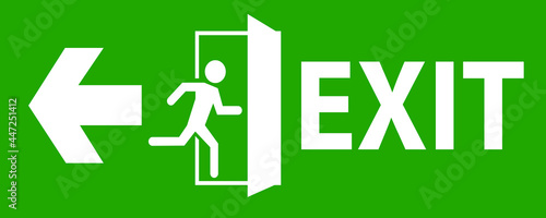 emergency fire exit sign with running man icon to door. warning sign plate
