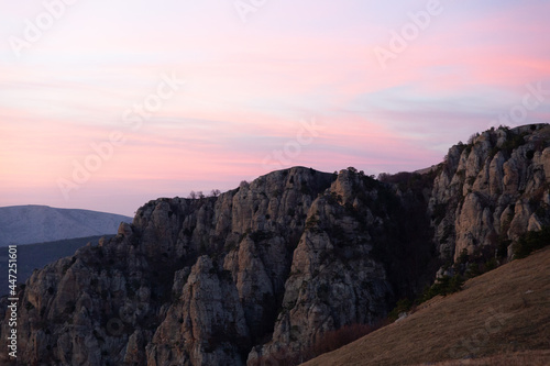 Evening mountain landscape, sunset pink-purple sky of Demerdzhi. © Eno1