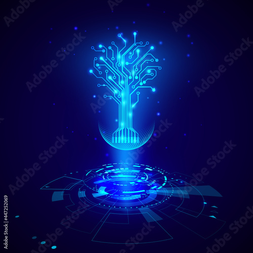Futuristic HUD elements. Abstract hi-tech circles with circuit tree hologram elements virtual reality. Sci fi futuristic User Interface. Vector