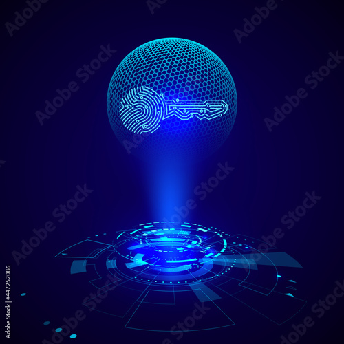 Hologram of circuit key fingerprint. Futuristic HUD elements. Sci fi futuristic user interface. Vector