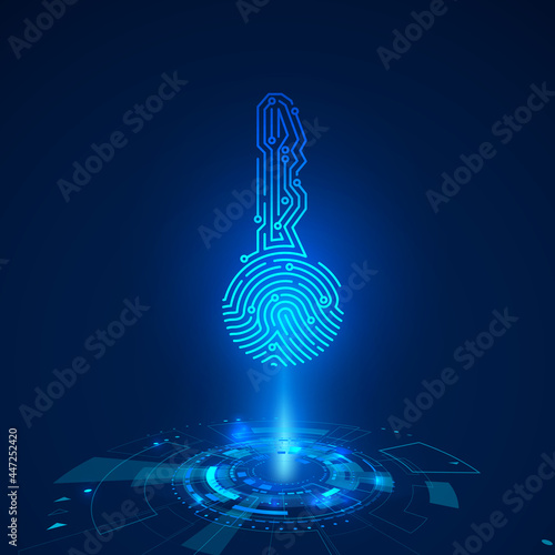 Hologram of circuit key fingerprint. Futuristic HUD elements. Sci fi futuristic touch screen panel. Vector