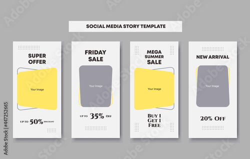 4 collection on editable social network stories template with photo frames in yellow, grey and white pastel colors stickers for sale promotion. Vector mock up, multicolored story set bundle