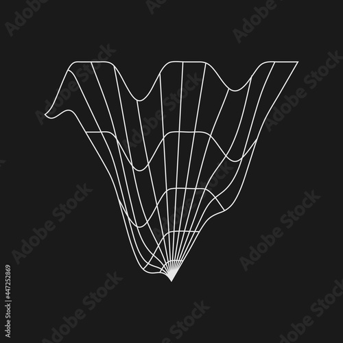 Retrofuturistic liquid distorted triangle grid. Digital cyber retro design element. Triangle grid in cyberpunk 80s style. Geometry for poster, cover, merch in retrowave style. Vector