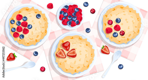 Bowls with oat porridge and berries, spoon near. Raspberry, strawberry and blueberry. Breakfast, healthy food, dieting concept. Isolated vector illustration for flyer, poster, banner.