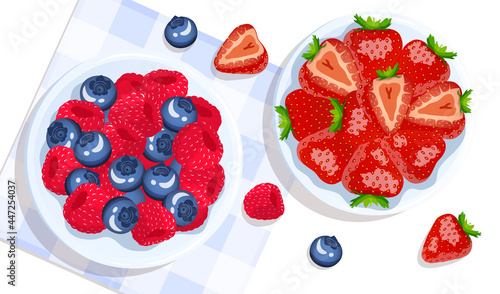 Bowls with berries on a napkin. Strawberry, raspberry and blueberry. Breakfast, healthy food, berries, dieting concept. Isolated vector illustration for flyer, poster, banner.