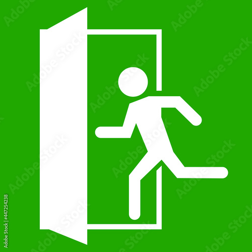 emergency fire exit sign with running man icon to door. green color. warning sign plate