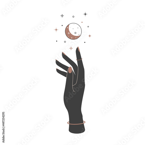 Mystical celestial crescent moon over woman hand in vintage style. Spiritual elegant symbol for branding name logo. Esoteric magic Vector illustration