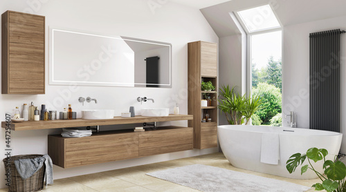 Beautiful modern bathroom with two sinks and a bathtub © slavun