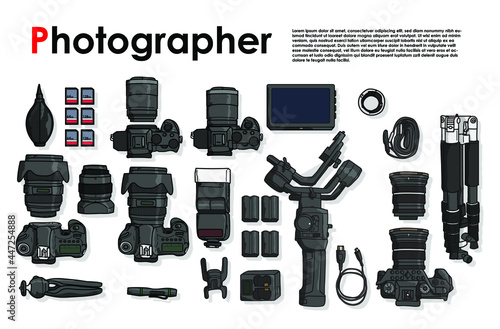 top view of work space photographer with digital camera and camera accessory.