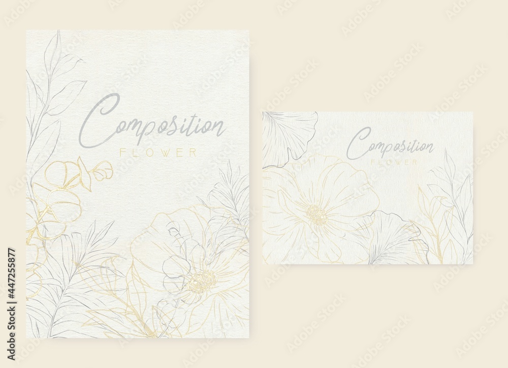Contour sketches of plants with a golden outline frame template for printing Contour sketches of plants with a golden outline frame template for printing