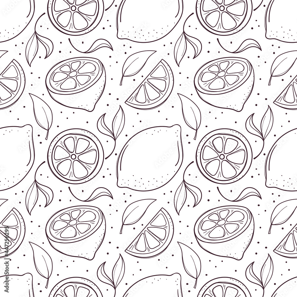 Hand drawn seamless background with lemons and leaves