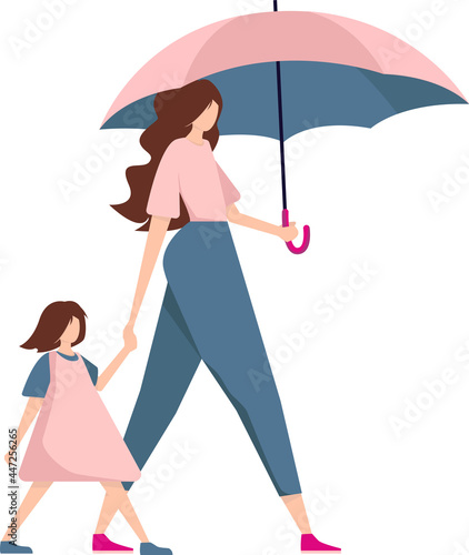 A mother with a child under an umbrella. A young girl and her daughter are holding hands under an umbrella. Illustration on a white background.
