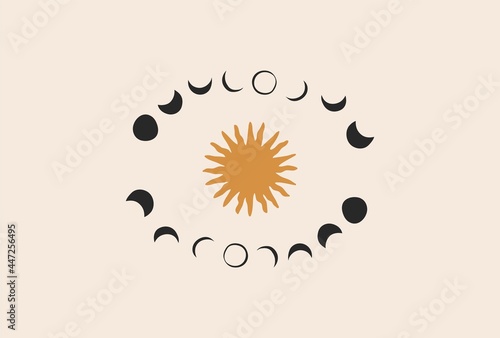 Hand drawn vector abstract stock flat graphic illustration with logo element,bohemian astrology magic minimalistic art of mystic moon phases silhouettes and sun in circle,simple style for branding.