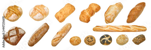 bread and bakery whole grain bread, ciabatta, brown homemade, baguette, etc. isolated on white background with work path.