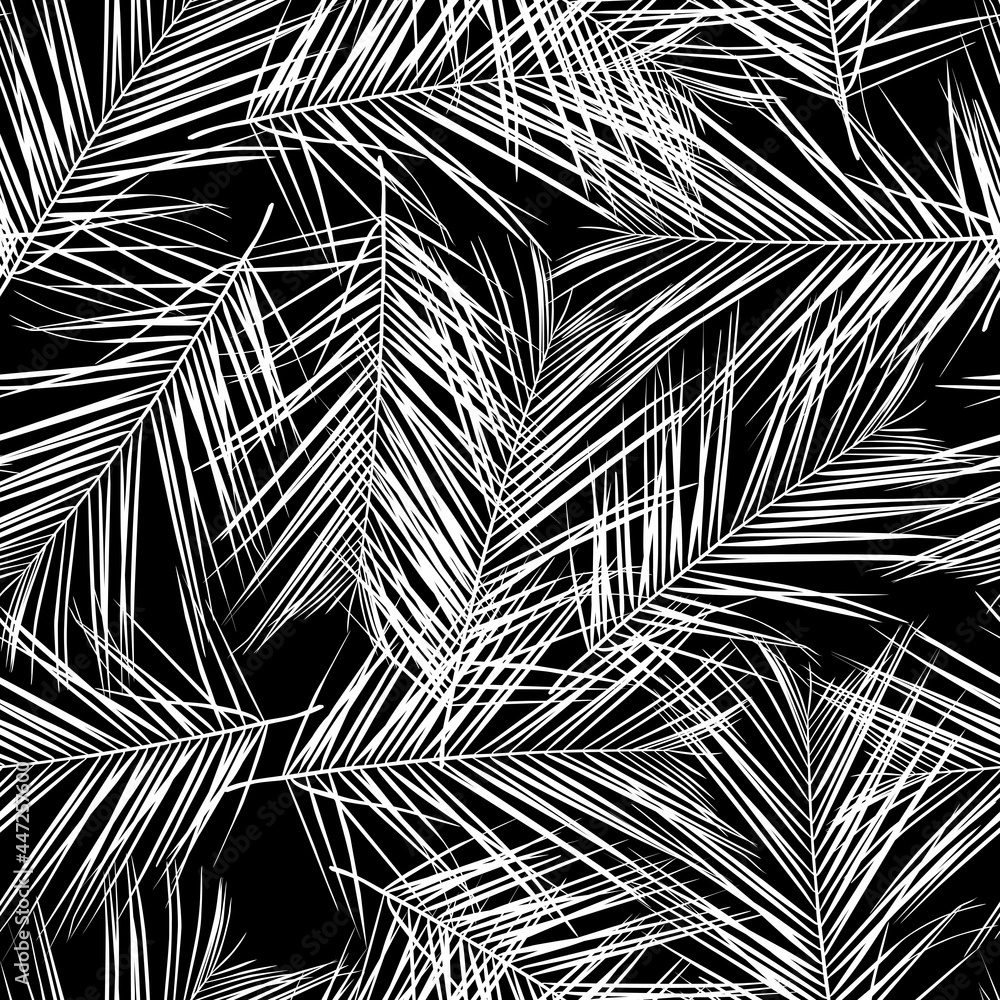 Obraz premium Fashionable seamless tropical pattern with black white tropical palm leaves on a black background. Beautiful exotic plants. Trendy summer Hawaii print. Line stylish floral.