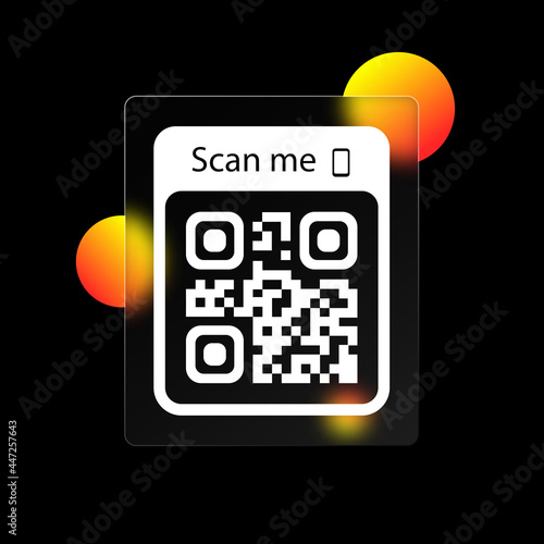 Scan me icon. QR code for smartphone icon. Qr code for payment. Scan me with smartphone icon. Realistic glass morphism effect with transparent glass plates. Vector