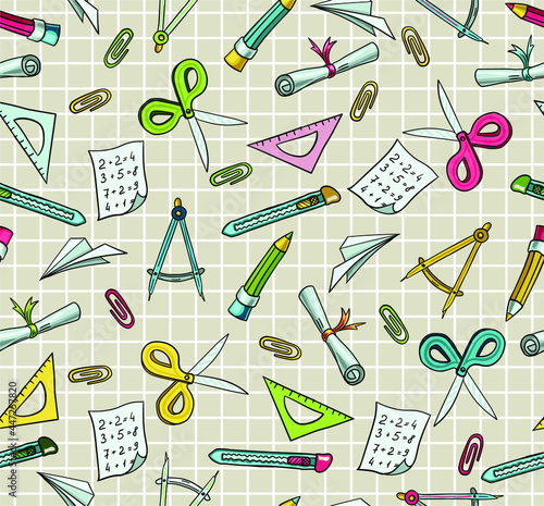 Seamless vector pattern with school supplies for study and creativity. Hand drawn ruler, pencil, scissors, paper clips, paper, knife. Stationery for children and adults. Background about school 