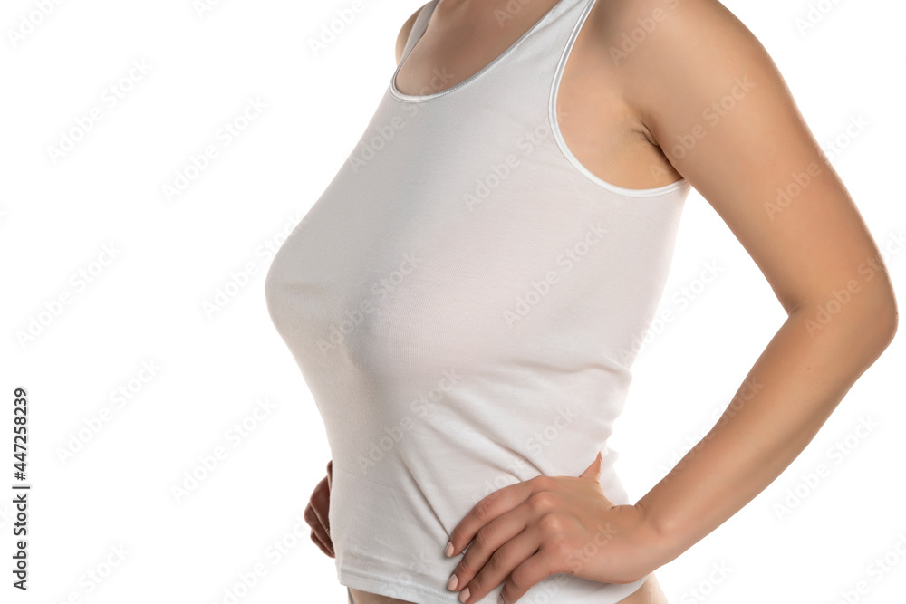 a woman with big breasts without a bra in a white shirt Stock Photo
