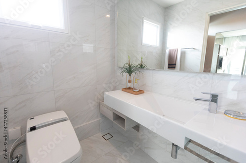 Modern white marble sink and lavatory in a luxurious bathroom.