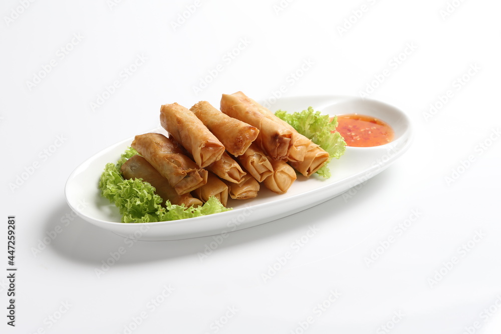deep fried crispy vegetable spring roll with thai chilli sauce salad in white black background dim sum snack halal menu deep fried crispy vegetable spring roll with thai chilli sauce salad in white black background dim sum snack halal menu