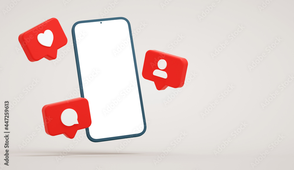 Blank screen floating phone mockup with social media notifications. Smartphone display surrounded by social network buttons, realistic presentation template in 3D rendering Blank screen floating phone mockup with social media notifications. Smartphone display surrounded by social network buttons, realistic presentation template in 3D rendering