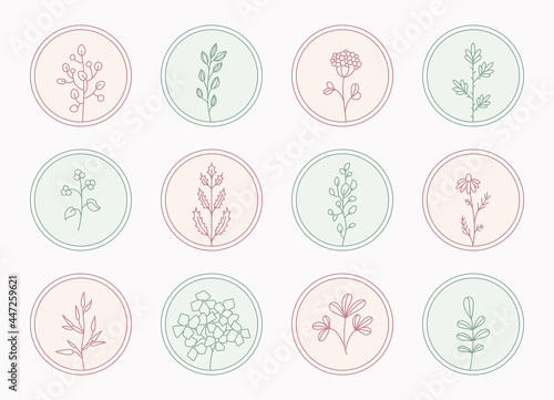 Floral thin line vector emblems collection. Minimal style linear illustration set for beauty salon, fashion print. Flowers, plants for logo design, wedding invitation, greeting card. Editable strokes.