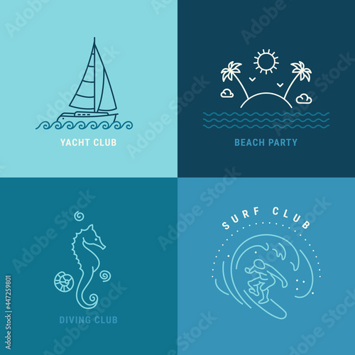 Yachting, surfing, diving club, beach party logo design. Summer, traveling, nautical thin line emblems. Linear illustrations of yacht, surfer, seahorse, tropical island, palm trees. Editable stroke.