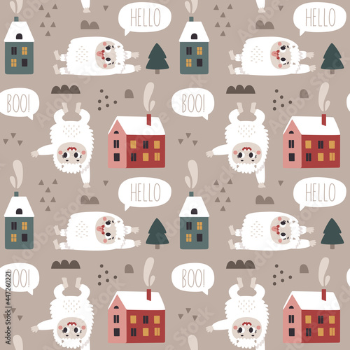Christmas wild winter vector cute seamless pattern with Yeti characters, Bigfoot, stones, houses, snow, Christmas tree in Scandinavian Boho style