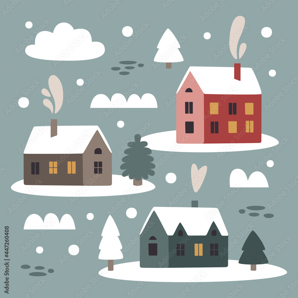 Cute Christmas winter houses vector clipart set with Christmas houses and smoke from the chimney, Christmas trees, stones, bushes, snow in trendy scandinavian Boho style