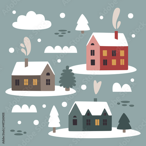 Cute Christmas winter houses vector clipart set with Christmas houses and smoke from the chimney, Christmas trees, stones, bushes, snow in trendy scandinavian Boho style