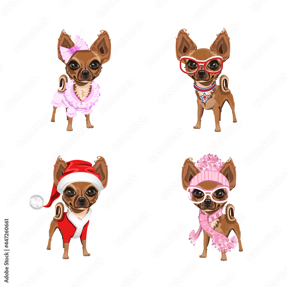 Fototapeta premium Cute dogs in different clothes. Set of vector illustrations of a small dog in a New Year's costume, a pink dress, a fur hat and glasses. Cartoon style.
