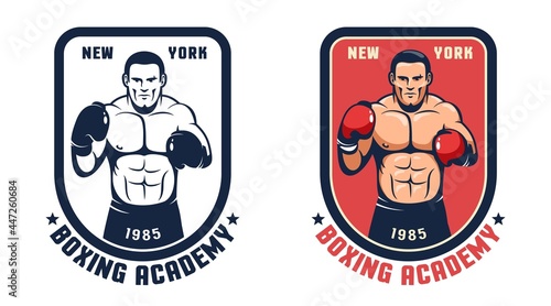 Boxing gym retro badge. Boxer in fighting stance - vintage boxing logo. Vector illustration.