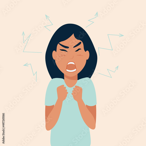 Angry woman to the waist, bad emotions on her face: anger, aggression, anger, rage. Disappointing emotions. character, person, cartoon.